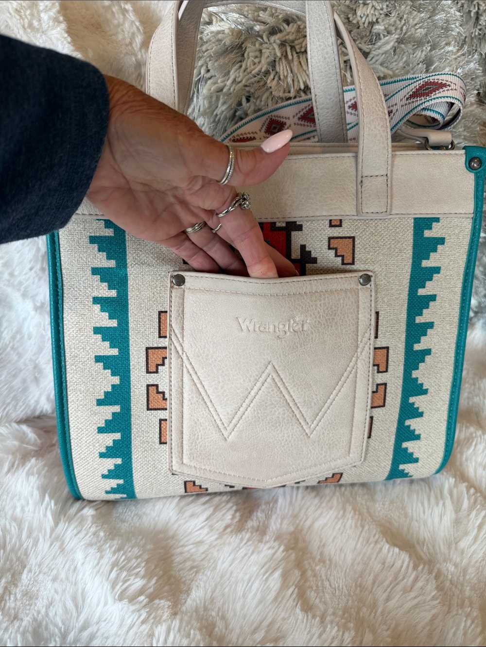 Wrangler Cream, Teal & Red Southwestern aztec print Satchel - Picture 2 of 7